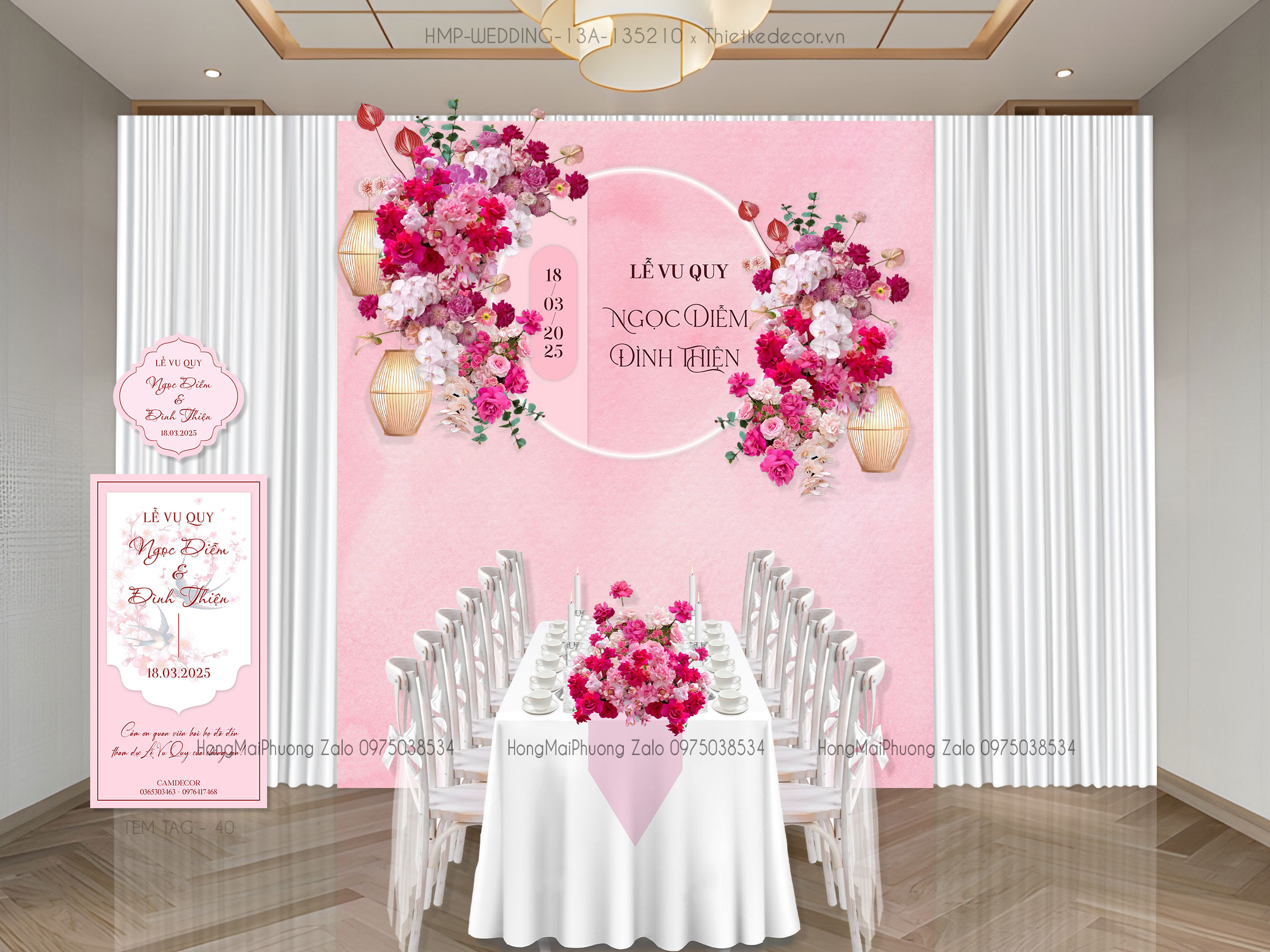 Gia tiên tone hồng nền loang kèm tem nước và tag bàn